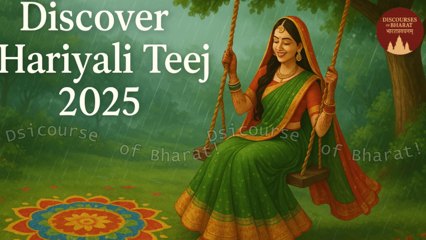 Indian woman in traditional attire swinging joyfully on a swing during Hariyali Teej 2025, surrounded by lush monsoon greenery with a colorful rangoli beneath her